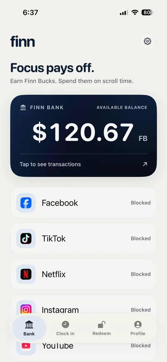 Finn Bank showing balance and blocked apps