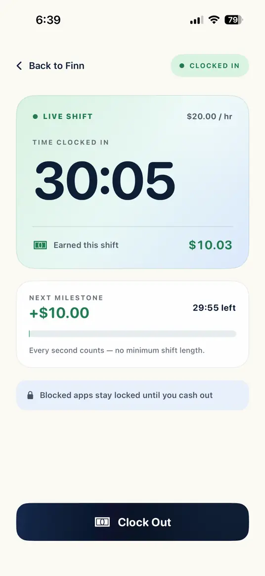 Finn live focus shift showing thirty minutes and accrued Finn Bucks