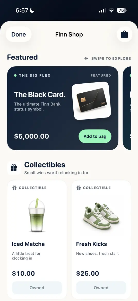Finn Shop with featured Black Card and collectibles